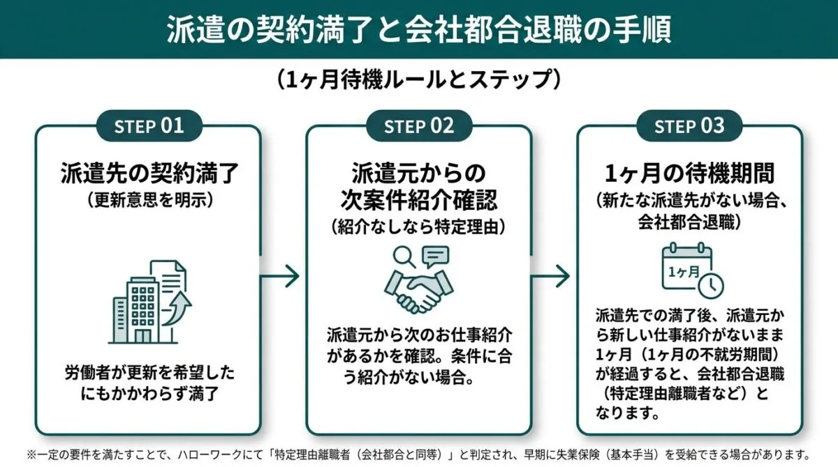 派遣の契約満了と会社都合退職の手順(1ヶ月待機ルール)